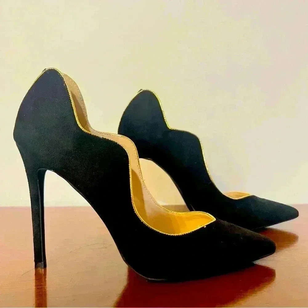 LEMON DROP BY PRIVILEGED BLACK HEELS GOLD TRIM SIZE 8.5 - Picture 6 of 15